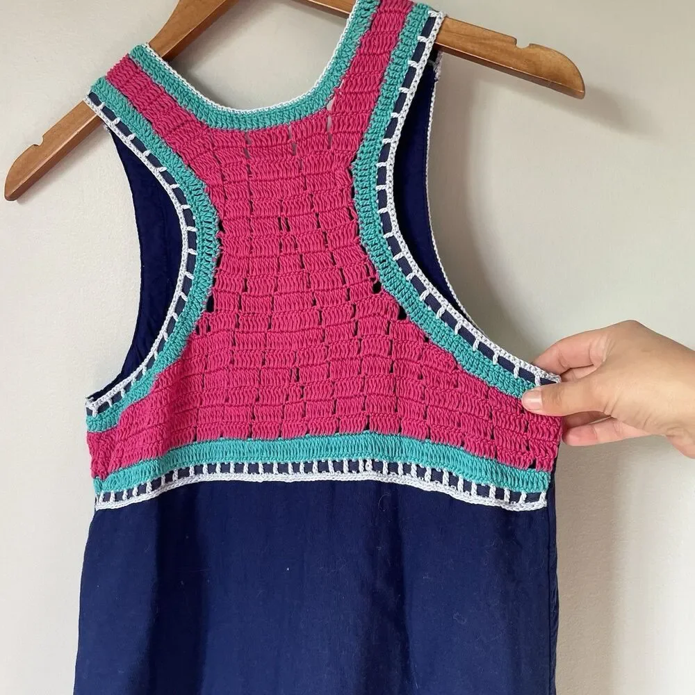 Akemi & Kin Linen Blend Crochet Knit Midi Dress Blue Pink Sleeveless Women's XS